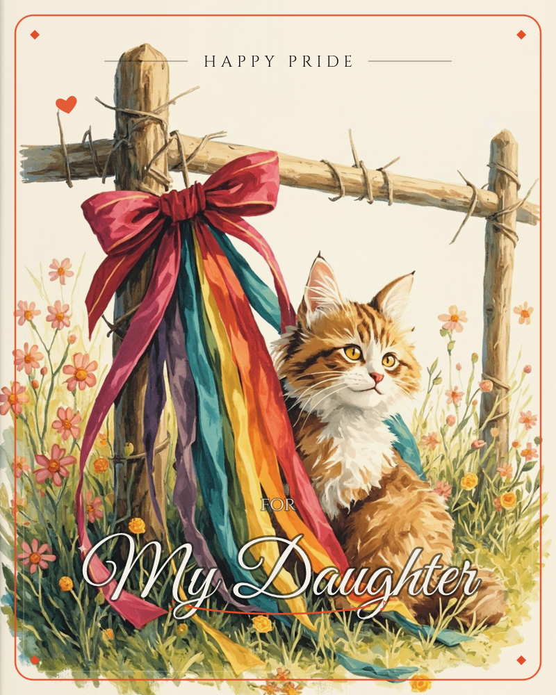 A ginger and white tabby cat sits in a meadow beside a rustic wooden fence post wrapped in twine, where a rainbow-ribboned bow trails colourful…, a pride e-card design