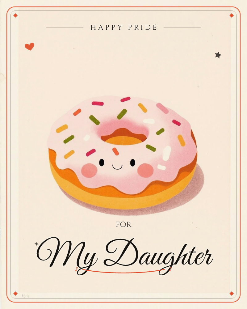 A single glazed doughnut sits centered on a plain cream background, its pink frosting scattered with rainbow sprinkles and a small smiling face with…, a pride e-card design