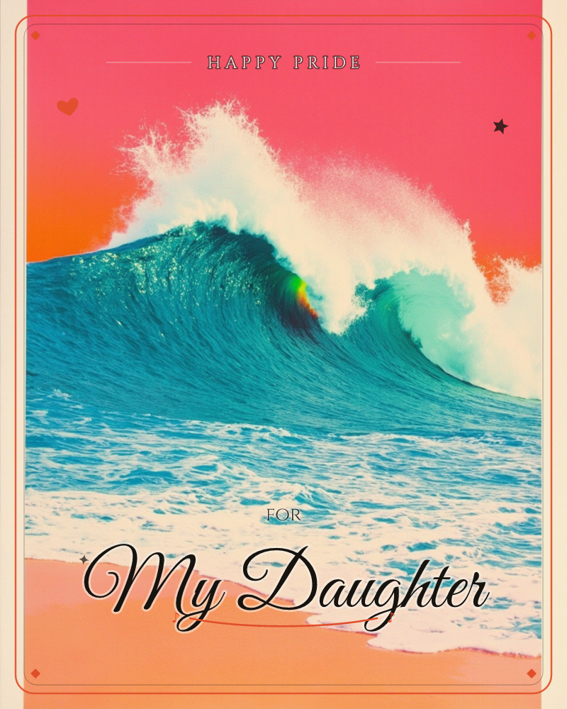 A large ocean wave curls and breaks against a fiery pink-to-orange sky, its crest spraying white foam into the air, a pride e-card design