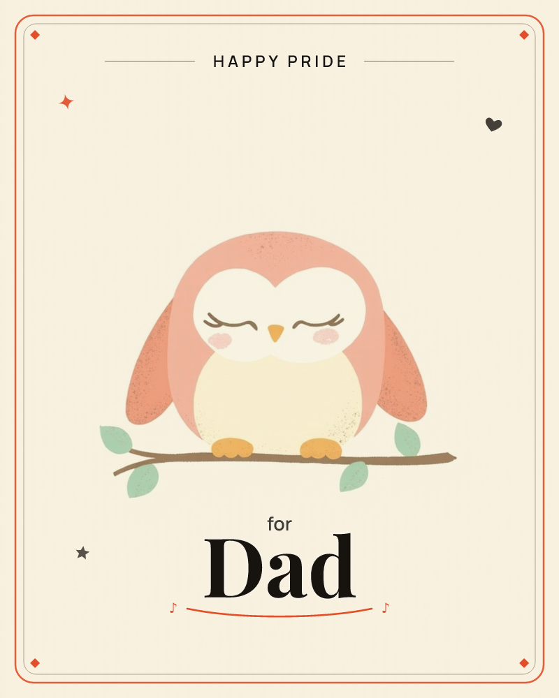 A round, sleepy-eyed owl in coral pink and cream perches quietly on a slim brown branch dotted with soft sage leaves, a pride e-card design