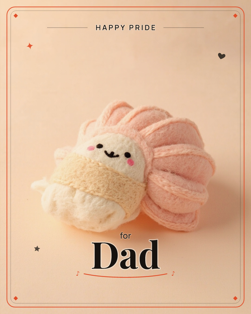 A small felted plush shaped like a hermit crab tucked into a soft pink scalloped shell, its cream-coloured body peeking out with a stitched smiley face…, a pride e-card design