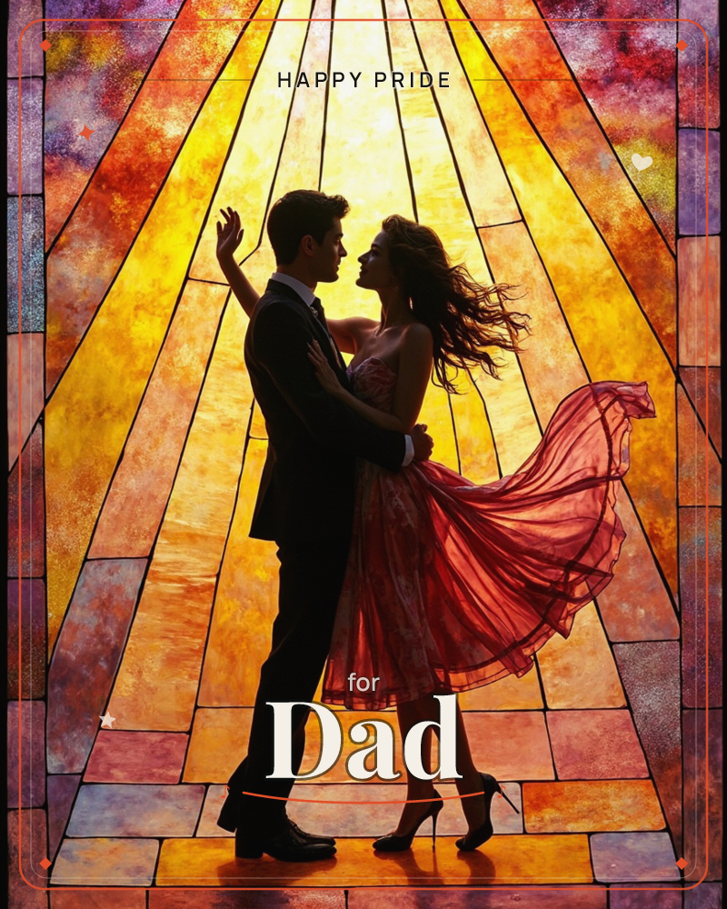 A man and woman are caught mid-embrace, silhouetted against a stained-glass burst of amber and gold light, her flowing red dress and windswept hair…, a pride e-card design