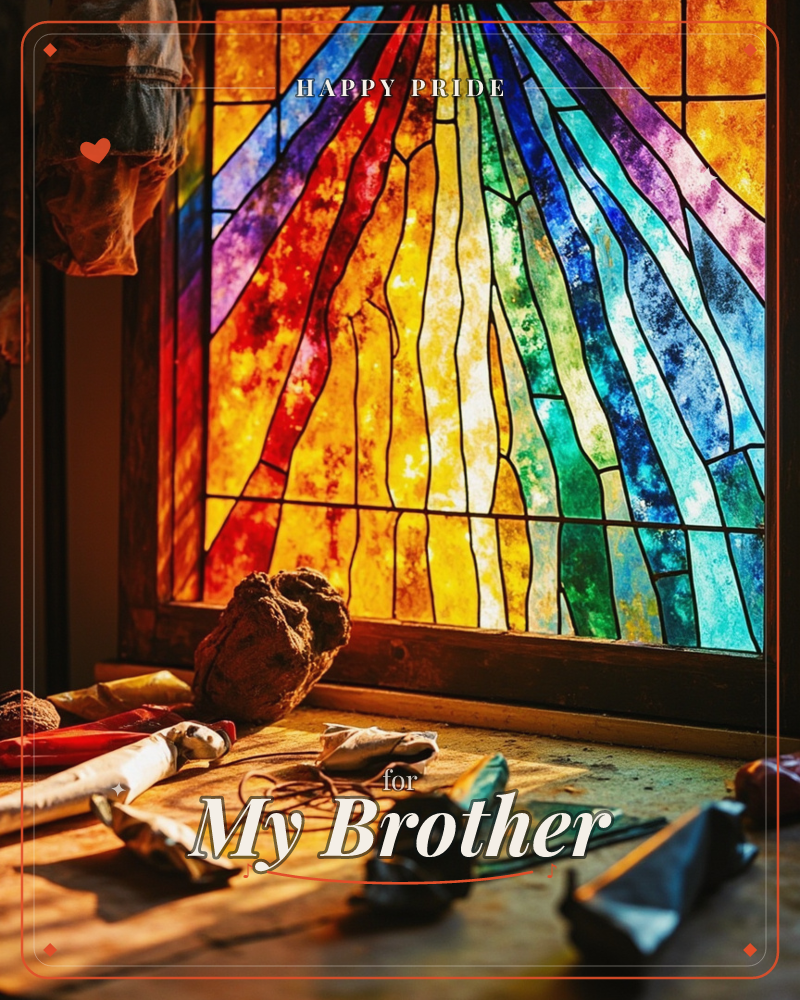 A stained-glass window glows in radiating bands of red, gold, green, blue, and violet like a sunburst, its wooden frame set above a worn workbench, a pride e-card design