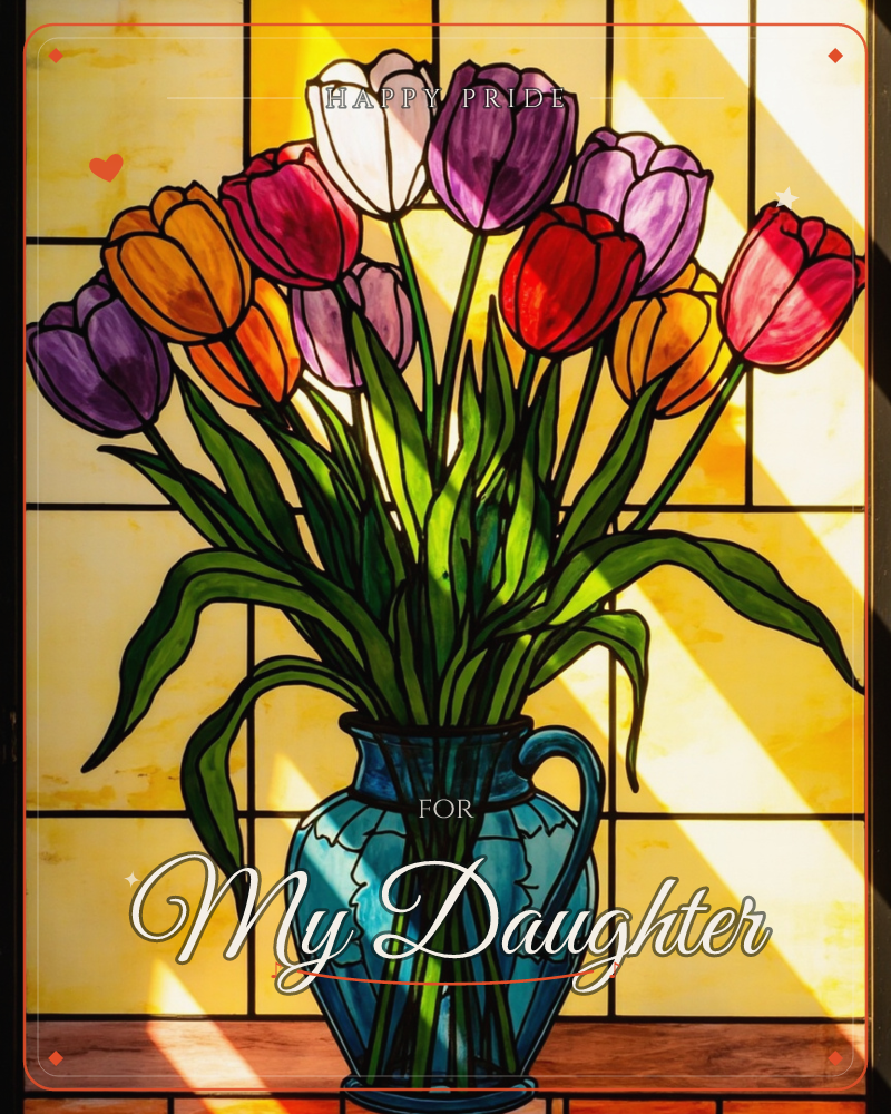 A bouquet of tulips in purple, red, orange, pink and white fills a teal jug, rendered as stained glass with bold black leading, a pride e-card design
