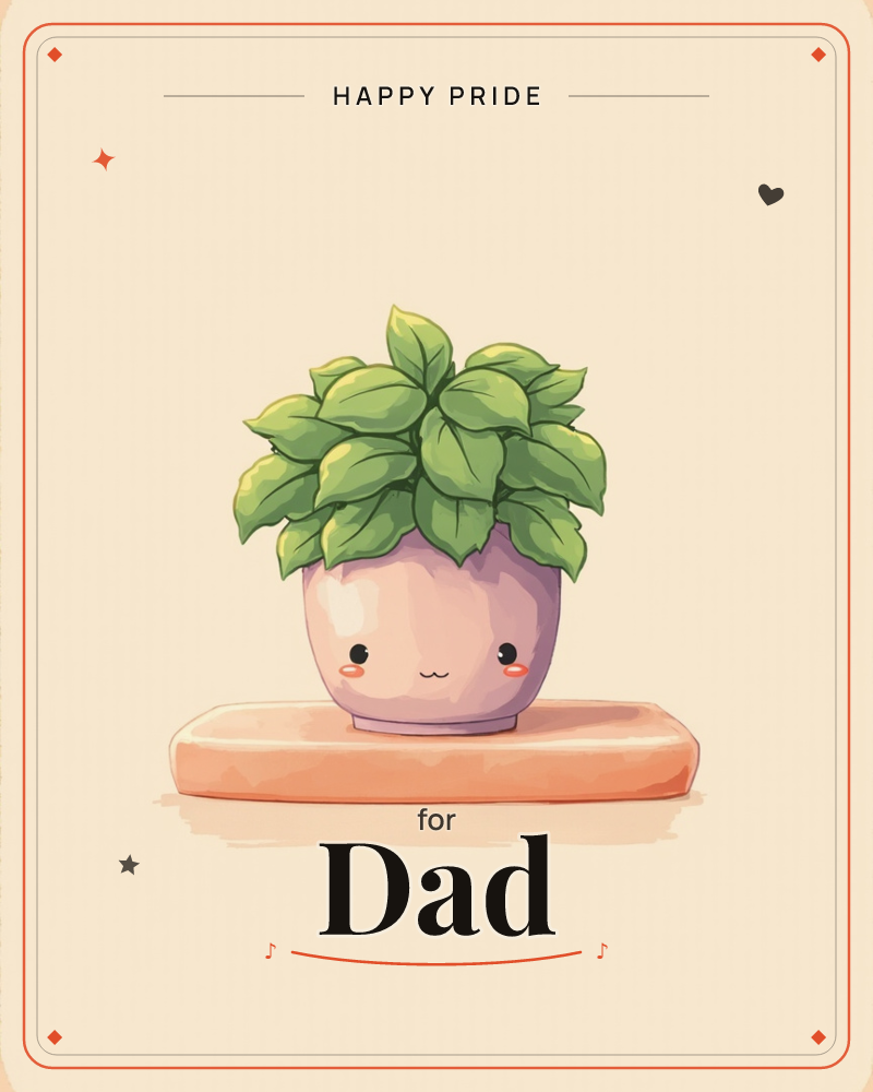 A small round-leafed plant sits in a lilac pot with a tiny smiling face and blushing cheeks, perched on a peach-coloured shelf edge, a pride e-card design