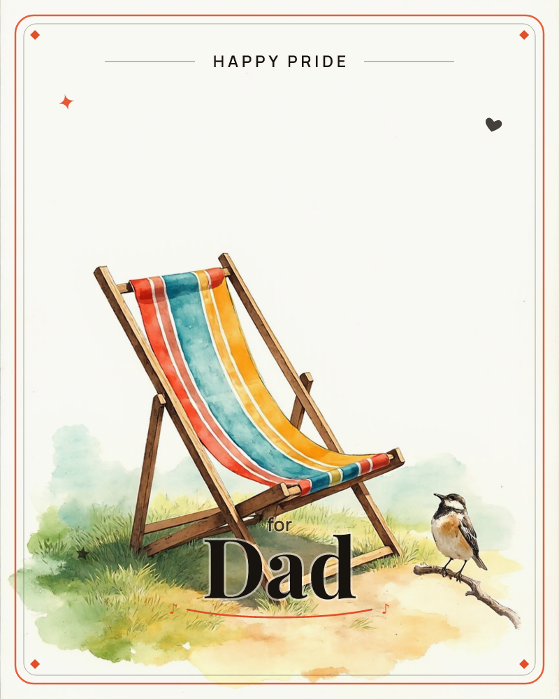 A wooden-framed deckchair with a striped canvas seat in red, orange, yellow and blue sits empty on a patch of sunlit grass, a pride e-card design