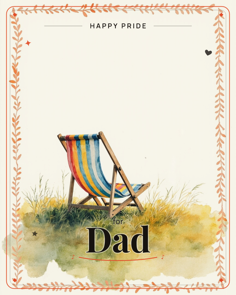 A striped canvas deckchair in red, yellow, blue and white sits empty on a grassy dune, painted in loose watercolour washes, a pride e-card design