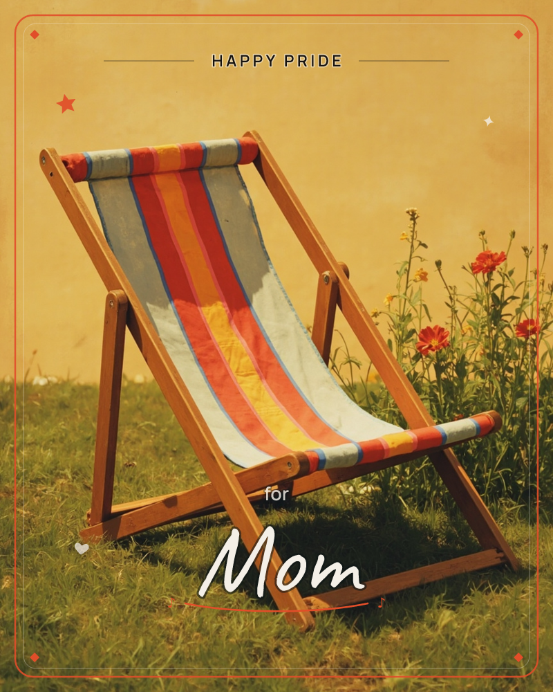 A wooden-framed deckchair with a striped canvas seat in red, orange, yellow and grey sits empty on a sunlit lawn, angled toward a mustard-coloured wall, a pride e-card design