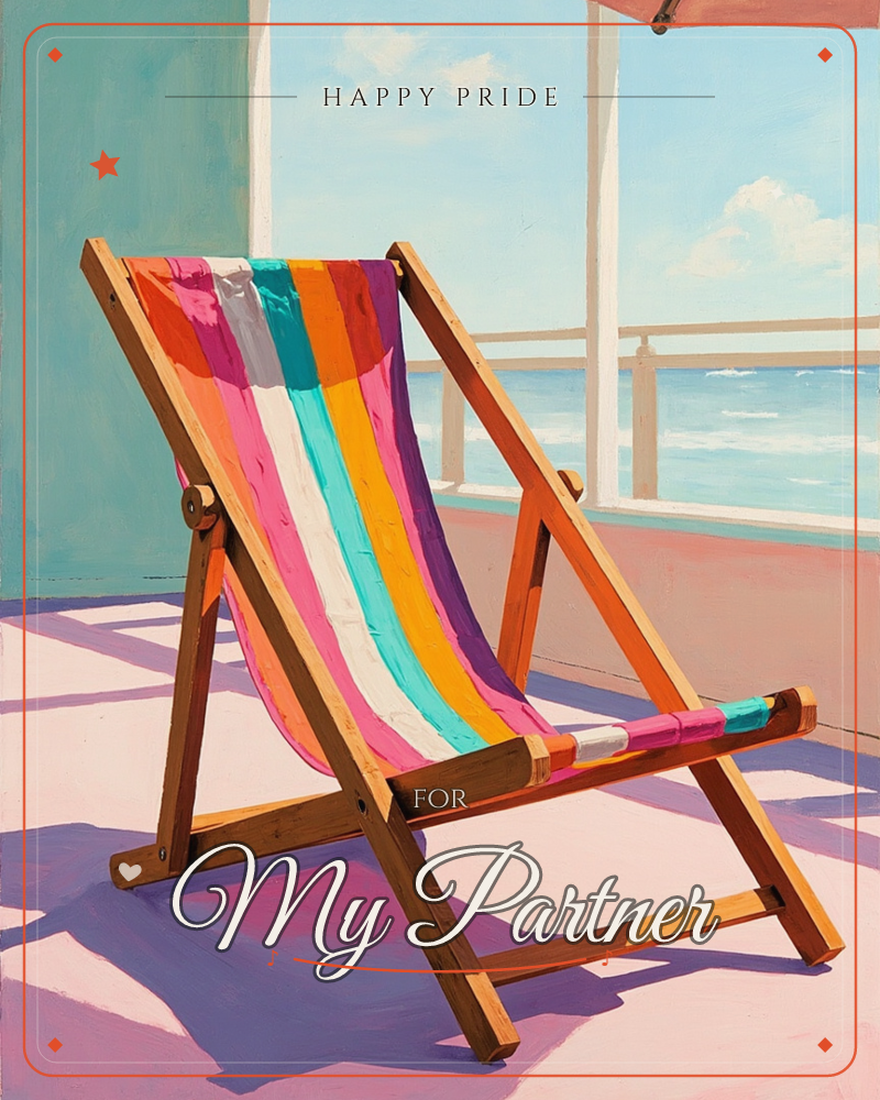 A striped canvas deckchair sits empty on a sunlit veranda, its wooden frame casting long purple shadows across the tiled floor, a pride e-card design