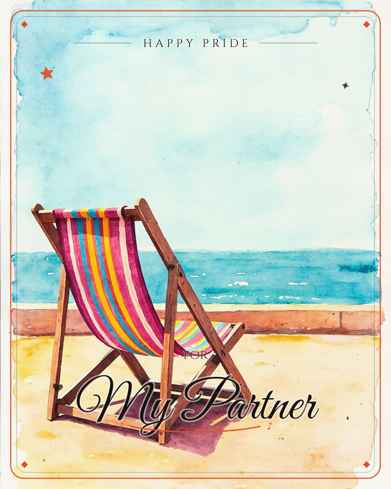 A striped deckchair in pink, yellow, blue and cream sits empty on a sandy promenade, facing out over a low sea wall to calm turquoise water, a pride e-card design