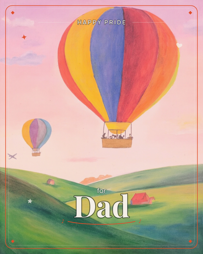Two hot air balloons drift over a patchwork of green hills at dawn or dusk, the sky washed in soft pink and gold, a pride e-card design