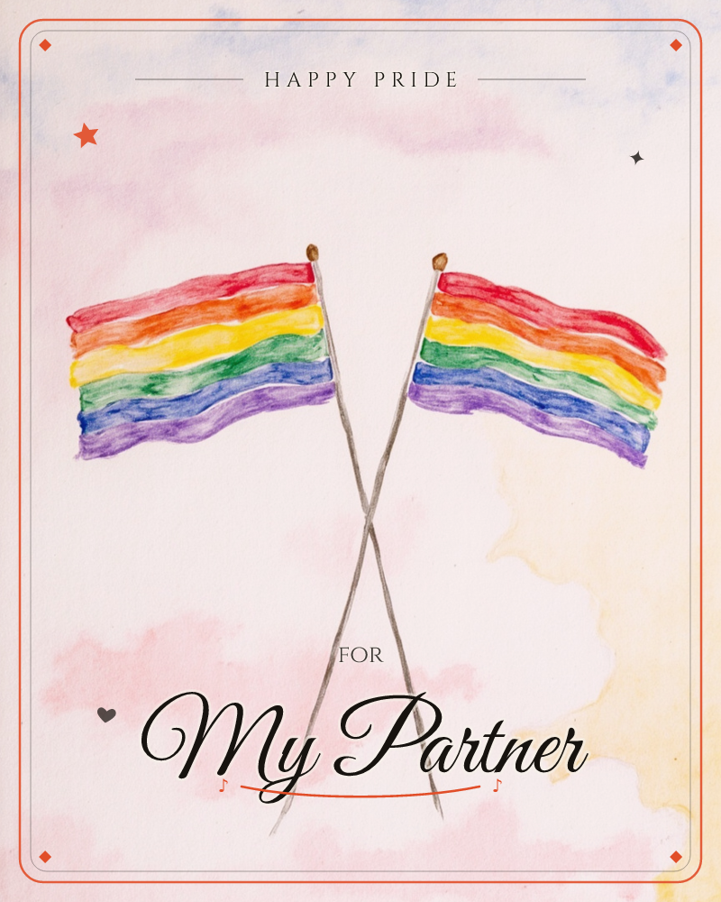 Two rainbow-striped flags cross at their poles against a soft, blush-toned watercolour background, their fabric rippling gently as if caught in a light…, a pride e-card design