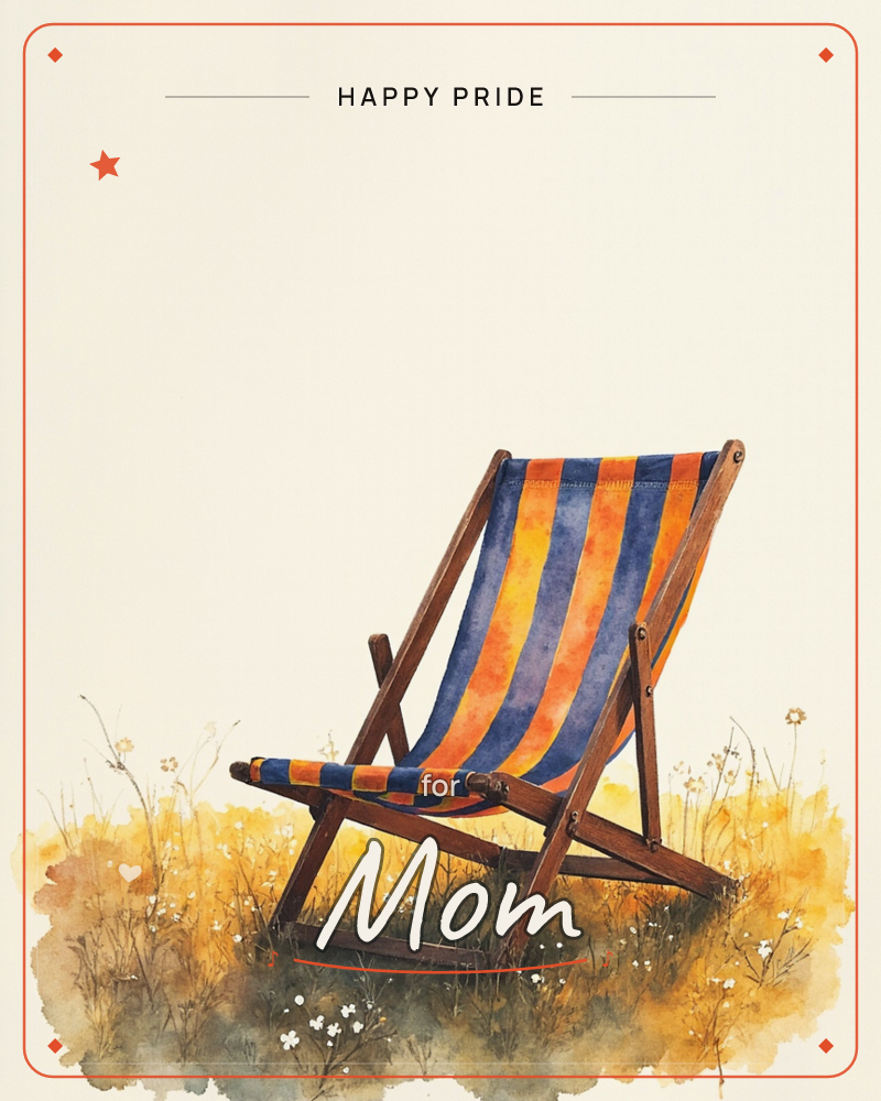A wooden-framed deckchair with bold navy, orange and yellow stripes stands empty in a patch of golden meadow grass, a pride e-card design