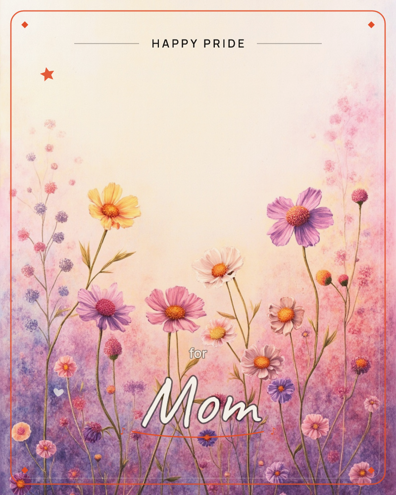 A meadow of tall cosmos and daisy-like flowers rises against a soft, glowing wash that fades from cream at the centre into dusky pink and mauve at the…, a pride e-card design