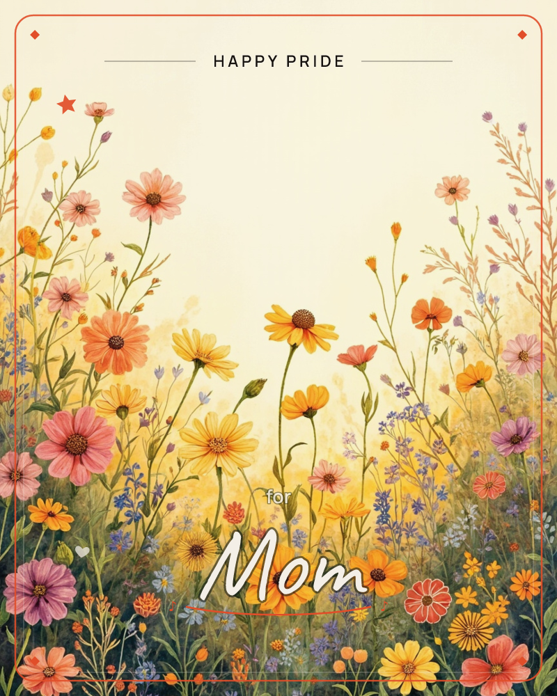A meadow of tall wildflowers rises against a warm, glowing cream sky, with pink cosmos, orange daisies, and sprigs of lavender crowding the lower half…, a pride e-card design