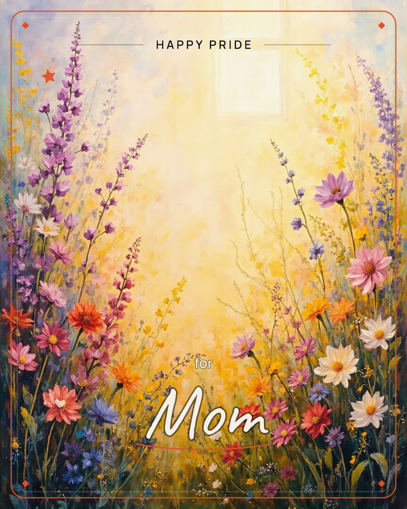 A painterly meadow of tall wildflowers frames a glowing golden light at the centre, as if sunshine is breaking through a hazy window, a pride e-card design