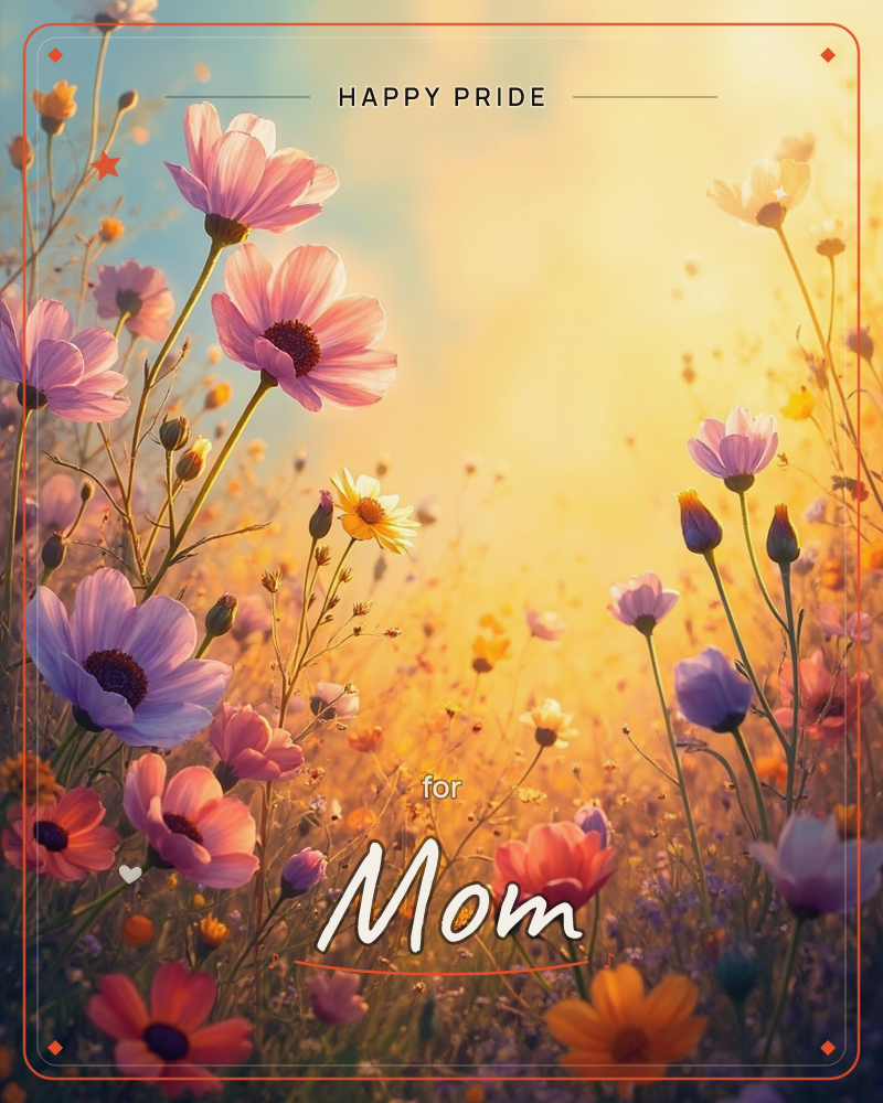 A wildflower meadow glows in golden backlight, pink and lavender cosmos blooms swaying on slender stems against a hazy sunset sky, a pride e-card design