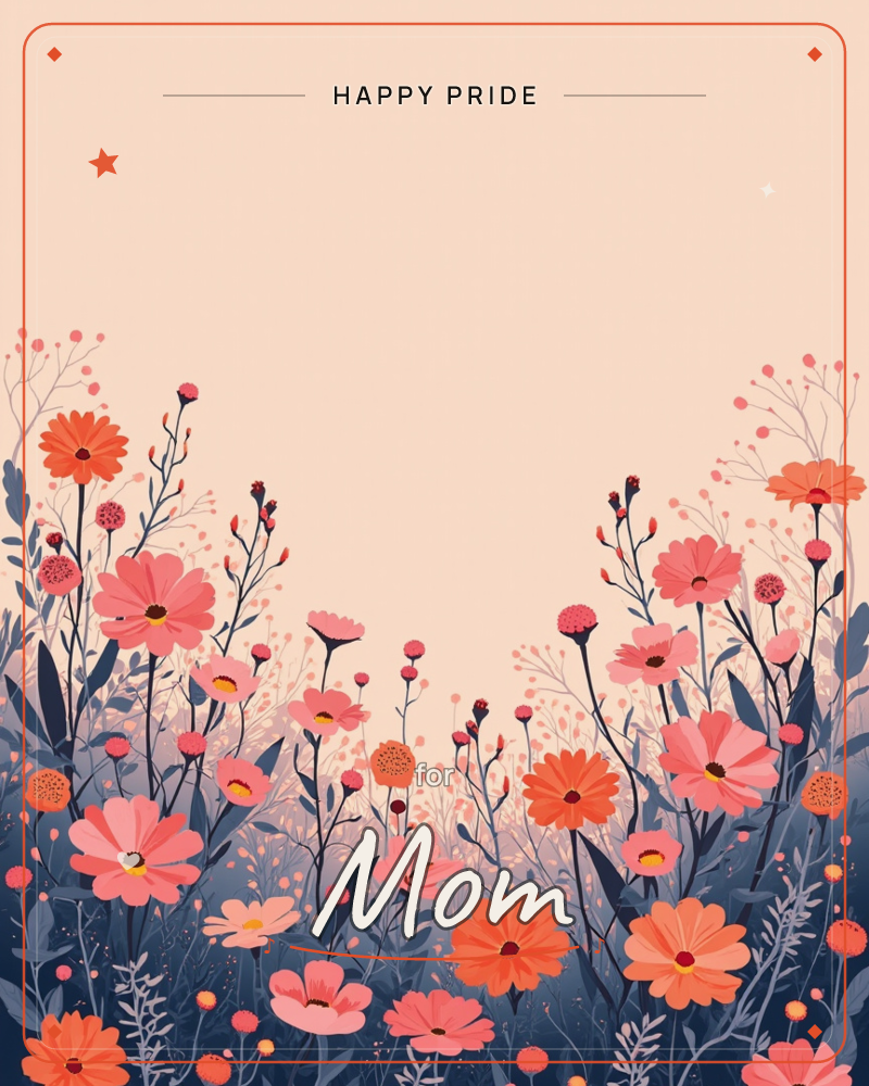 A dense border of tall wildflowers frames the lower and side edges of the card, with coral daisies, pink cosmos and small round buds rising on slender…, a pride e-card design