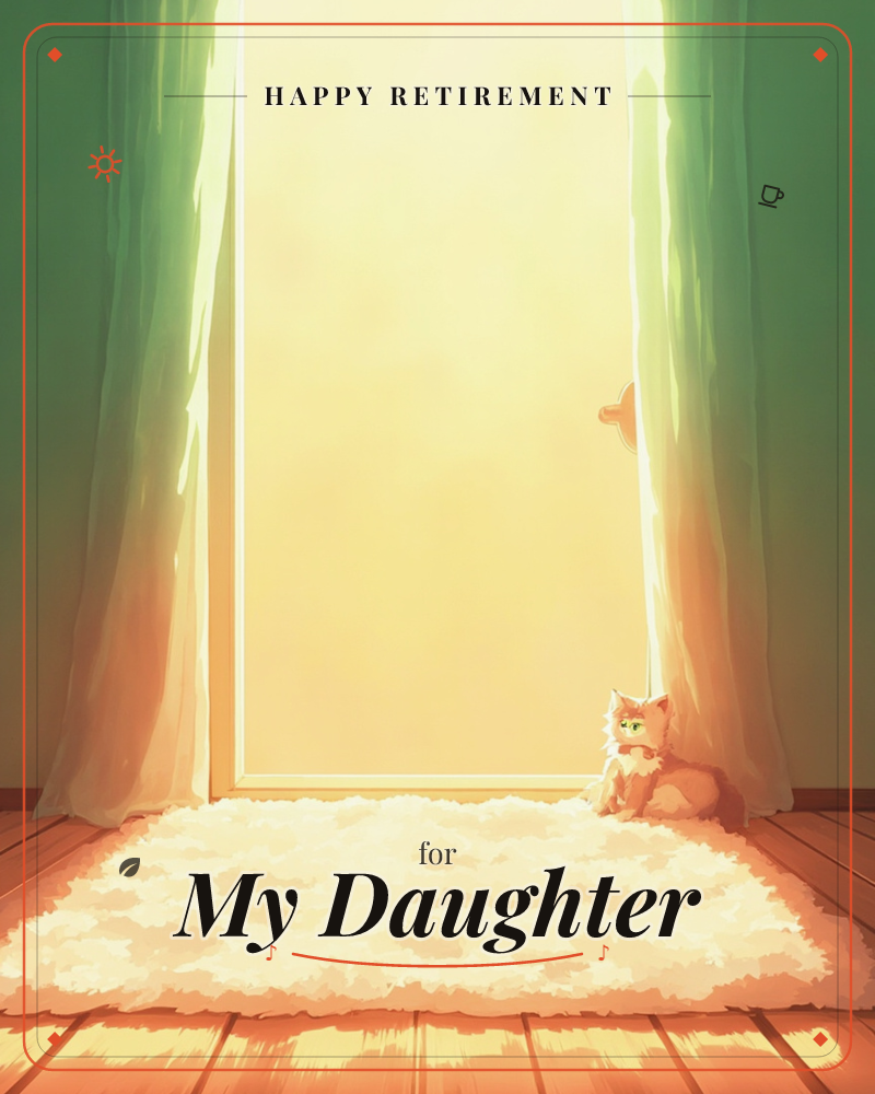 A door stands open onto a wash of golden light, green curtains pulled back on either side and pooling onto a fluffy white rug, a retirement e-card design