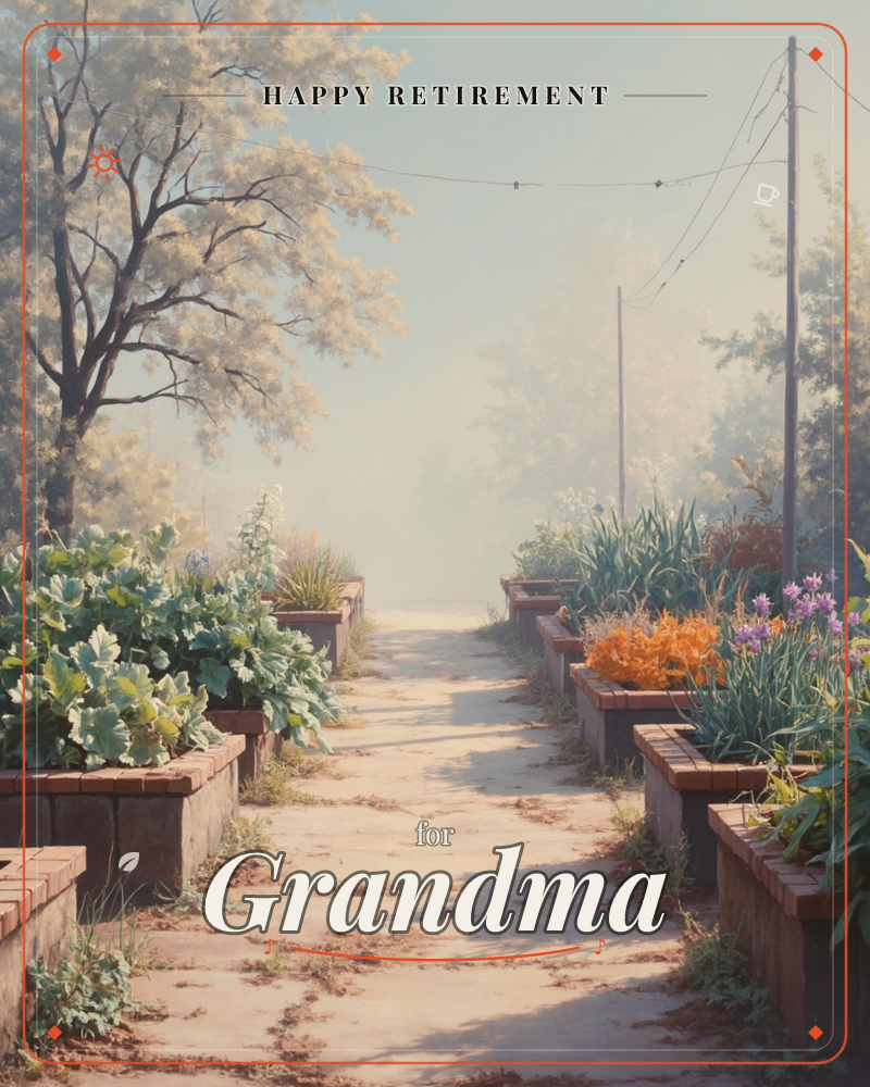 A quiet garden path stretches into soft morning haze, lined on both sides with low brick planters overflowing with orange blooms, purple irises, and…, a retirement e-card design