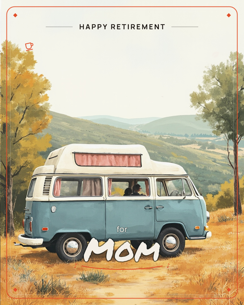 A classic camper van sits parked on a hillside track, its pop-top roof raised and pink curtain drawn across the window, with rolling autumn hills…, a retirement e-card design