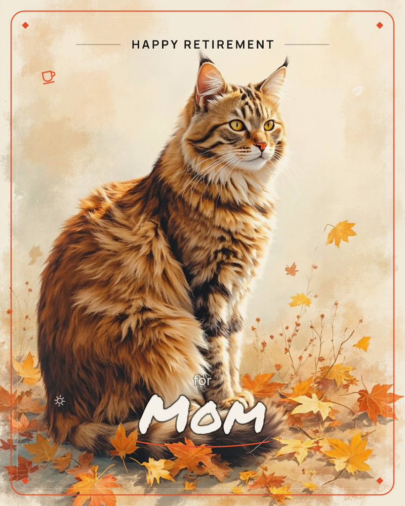A tufted-eared tabby cat sits upright amid a scattering of autumn maple leaves, its thick striped coat catching warm golden light against a soft cream…, a retirement e-card design
