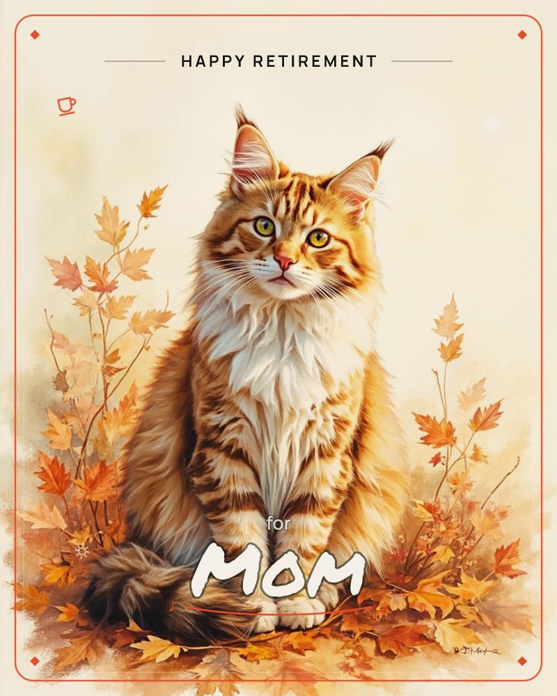 A fluffy ginger and white long-haired cat sits upright and alert amid sprigs of autumn maple leaves in shades of orange and rust, a retirement e-card design