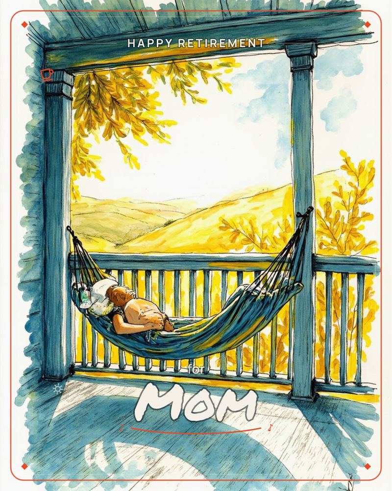 A person naps in a striped hammock strung across a shaded porch, framed by weathered blue-green columns and railings, a retirement e-card design