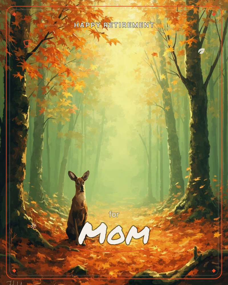 A deer sits alert at the edge of a glowing autumn forest path, its ears raised as it looks out from beneath canopies of orange and gold leaves, a retirement e-card design