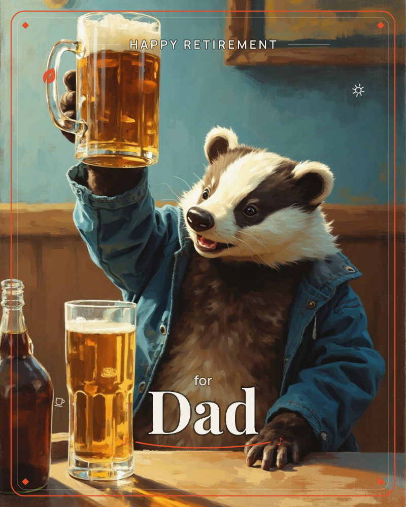 A badger in a denim jacket raises a frothy beer mug in a toast, sitting at a wooden pub table with a second full mug and a bottle beside it, a retirement e-card design