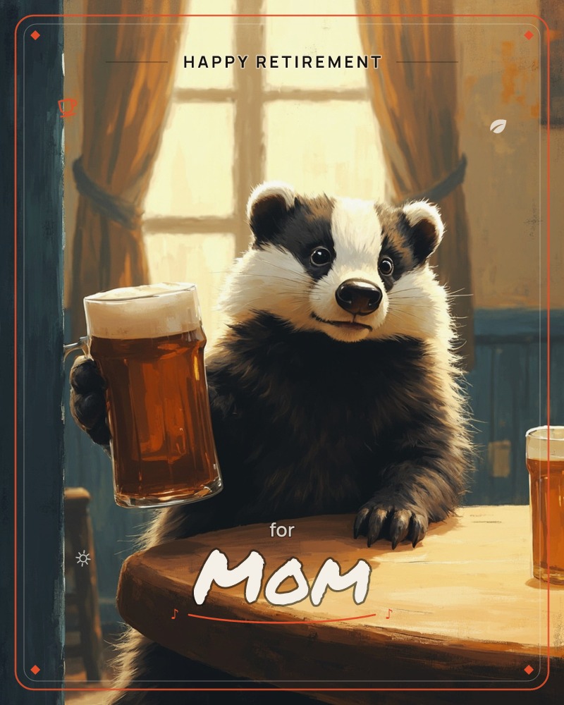 A cheerful badger sits at a wooden pub table, raising a frothy mug of beer in a toast, its claws resting on the tabletop, a retirement e-card design