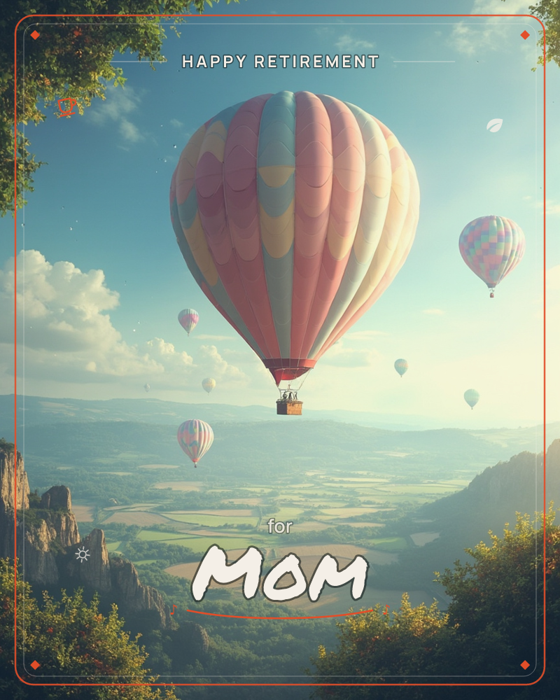 A pastel-striped hot air balloon drifts through a hazy blue sky above a patchwork valley of green and gold fields, framed by rocky cliffs and…, a retirement e-card design