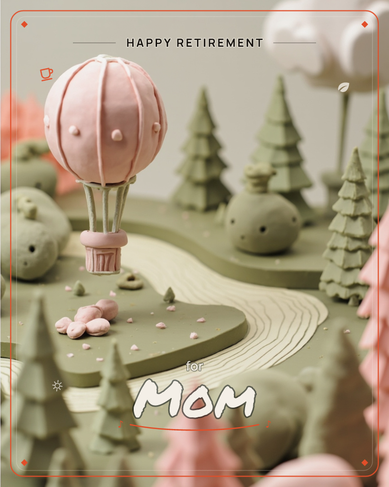 A miniature clay landscape shows a soft pink hot air balloon drifting over a sculpted hillside of rounded sage-green trees and pebble-like boulders…, a retirement e-card design