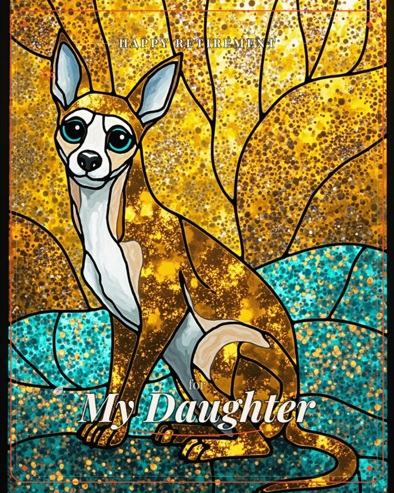 A stained-glass style illustration shows a slender dog with large ears and striking teal eyes sitting upright against a golden, speckled background, a retirement e-card design