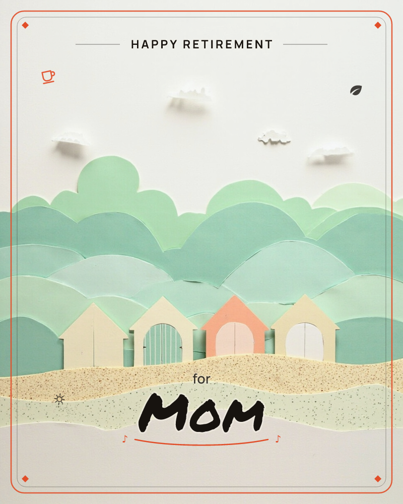 A row of four paper-cut cottages with arched doors sits on a speckled sandy shore, framed by layered rolling hills in shades of green and small puffy…, a retirement e-card design