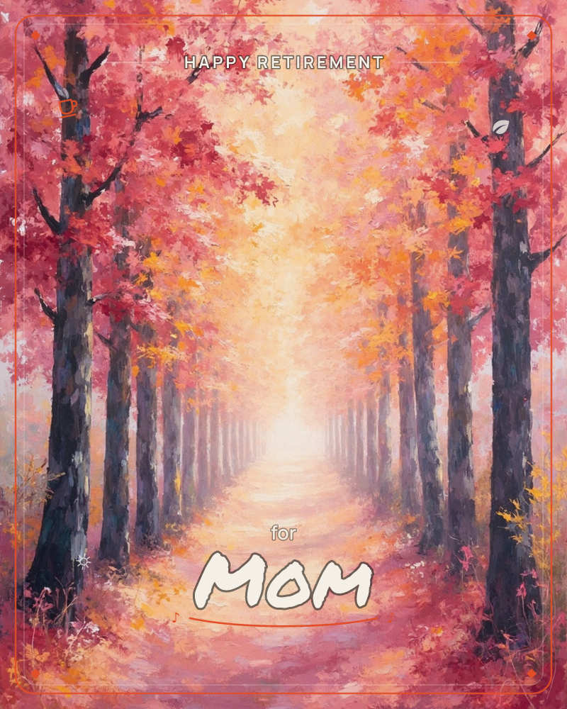 A quiet avenue of trees stretches into a glowing haze, their crimson and gold leaves forming a canopy overhead, a retirement e-card design