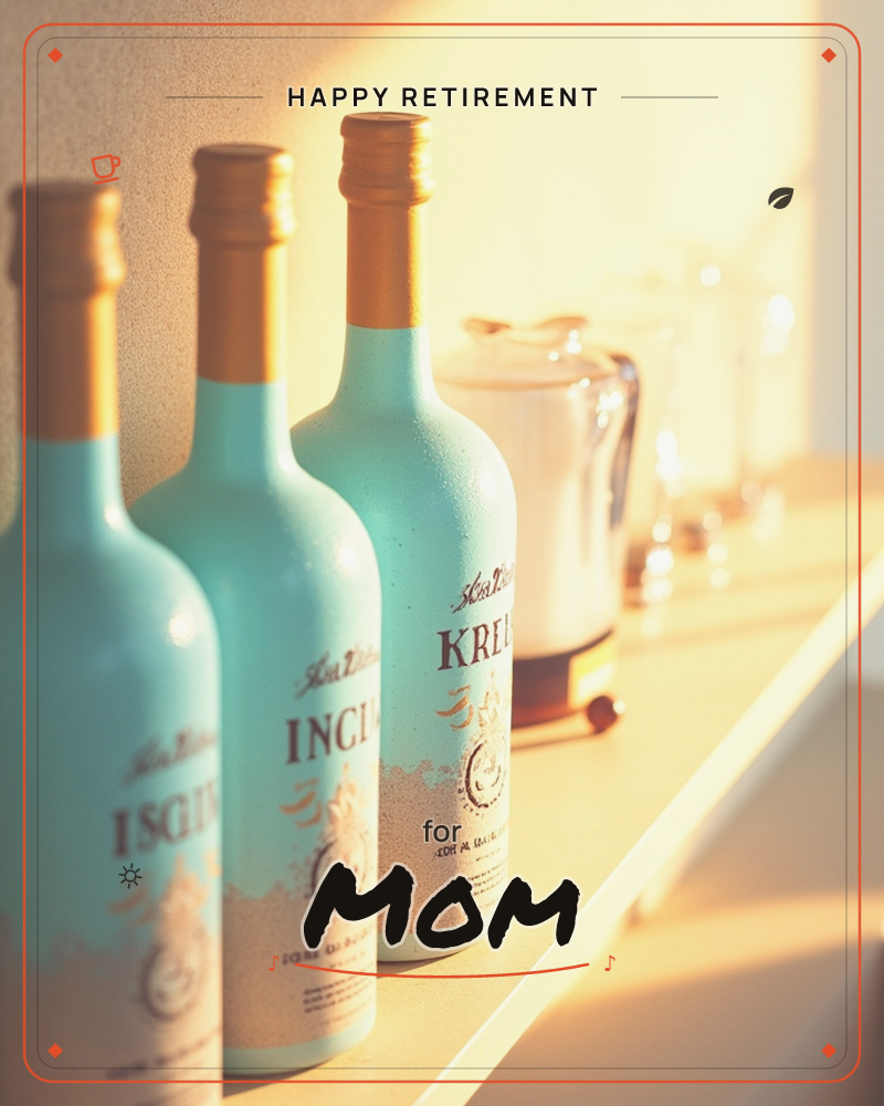 Three turquoise glass bottles with gilded caps and painted labels stand in a row along a sunlit shelf, a small ceramic pitcher and glassware blurred…, a retirement e-card design