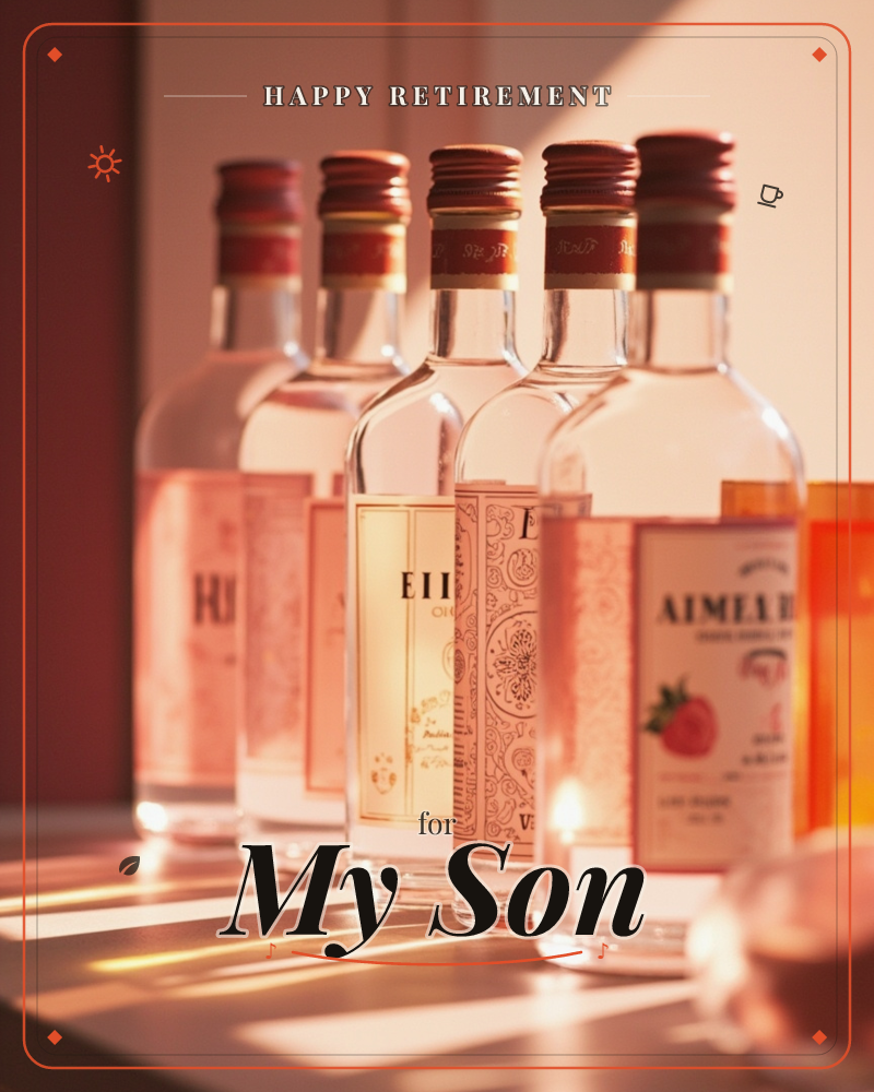 A row of matching glass bottles with dark screw caps and pale ornate labels stands on a dark surface, backlit by warm, low sunlight that turns the…, a retirement e-card design