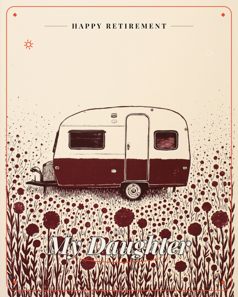 A small vintage caravan sits parked in a meadow of tall poppy-like blooms, rendered in rich burgundy ink on a warm cream background, a retirement e-card design