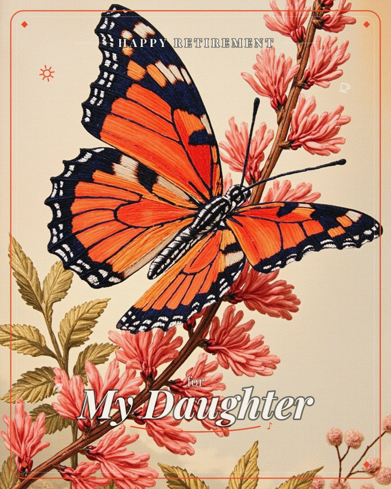 A large orange and black butterfly rests with wings spread wide across a flowering branch dotted with soft pink blossoms and olive-green leaves, a retirement e-card design