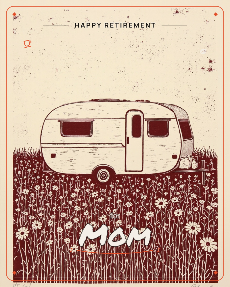 A vintage caravan sits parked in a field thick with tall daisies, rendered entirely in a deep rust-red ink against cream paper, a retirement e-card design