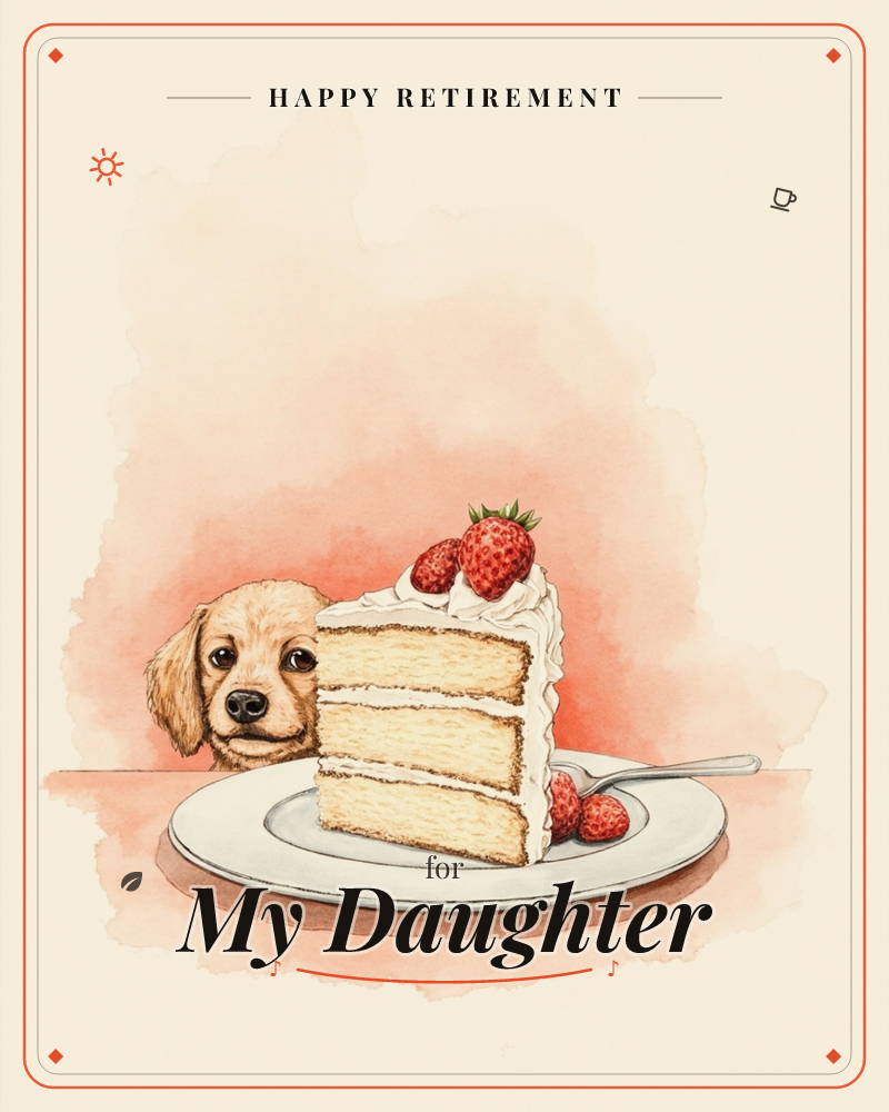 A golden puppy peeks over the edge of a table, eyeing a tall slice of layered vanilla cake topped with strawberries and whipped cream, a retirement e-card design