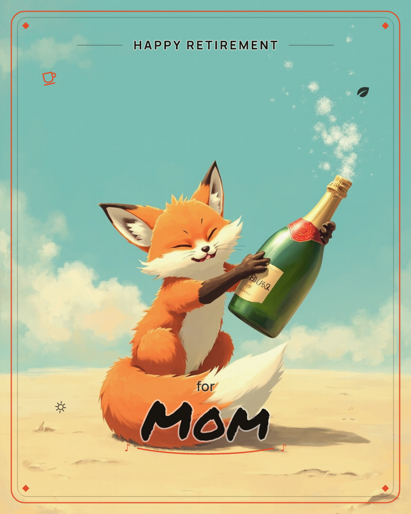 A cheerful cartoon fox sits on pale sand under a bright blue sky, hugging a large green champagne bottle that fizzes and pops at its neck, a retirement e-card design