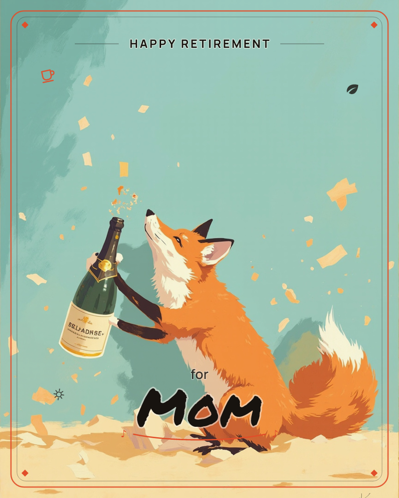 A stylised fox sits upright on its haunches, popping open a bottle of champagne with confetti bursting into the teal-green air above it, a retirement e-card design
