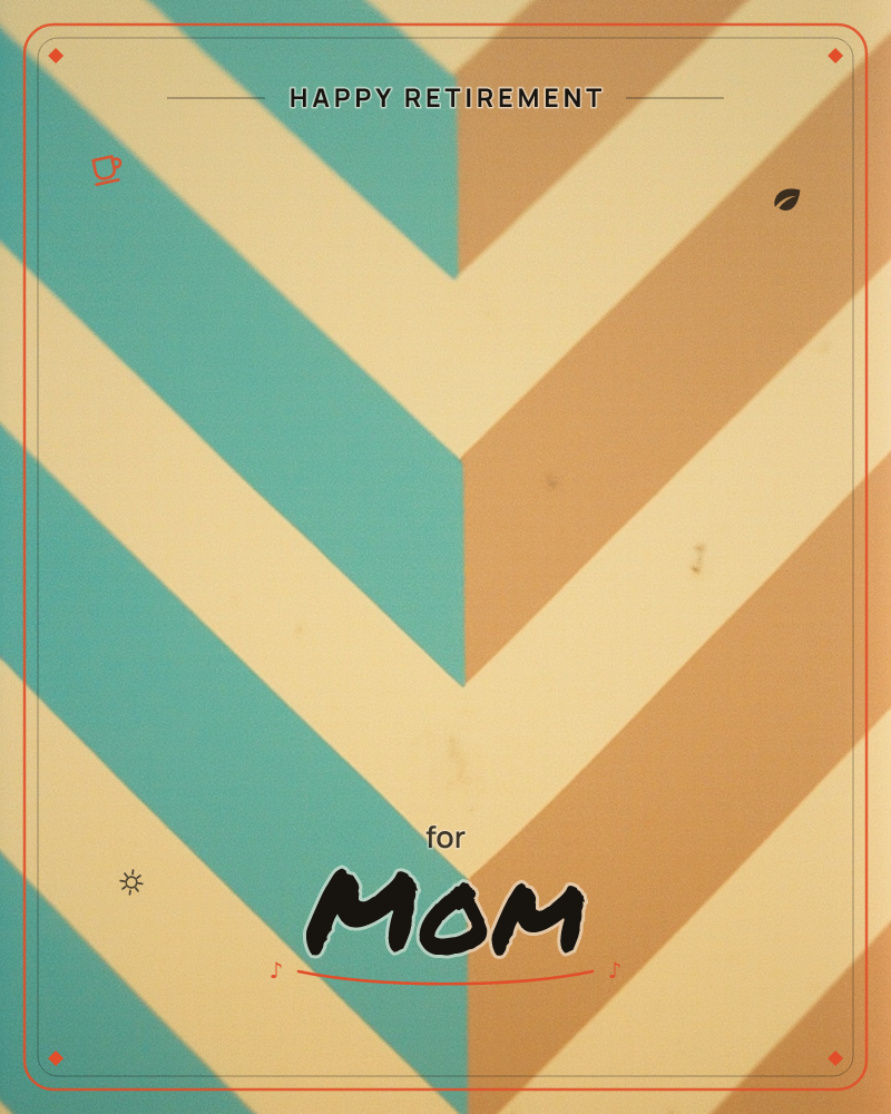 A bold geometric card split down the middle, with mirrored chevron stripes descending from the top corners to meet at a central point, a retirement e-card design