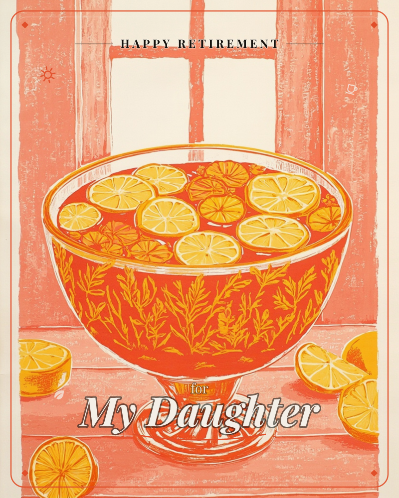 A glass footed bowl brimming with citrus punch sits on a windowsill, its floral-etched surface glowing orange against pink-shuttered window light, a retirement e-card design