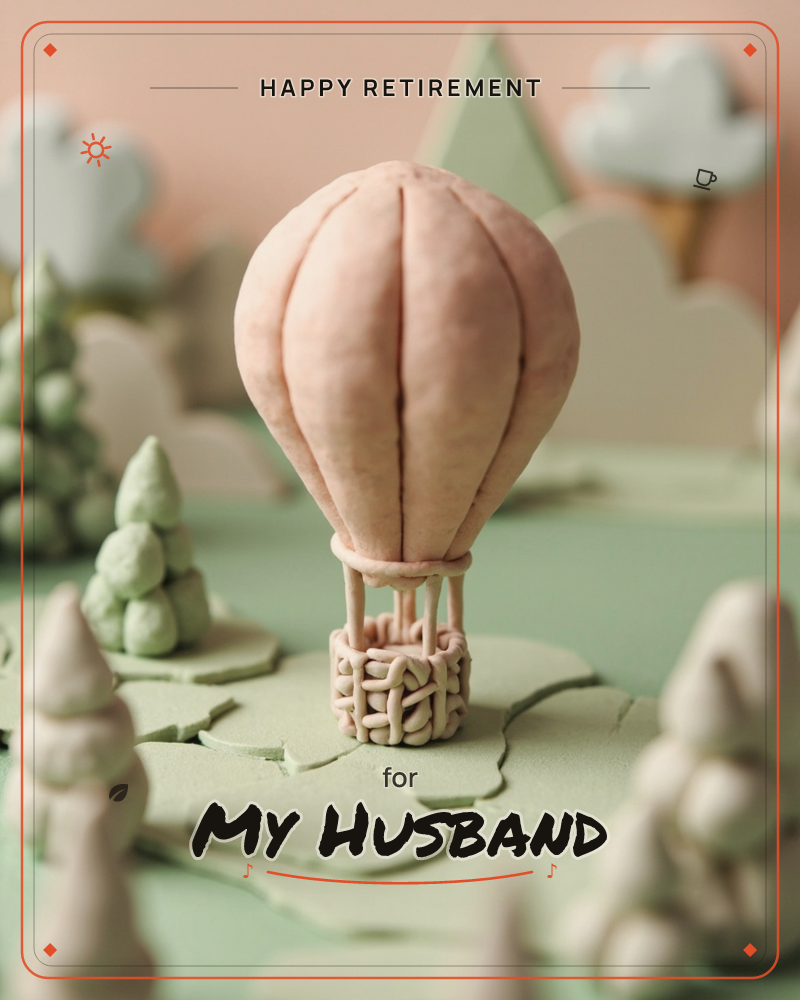 A hot air balloon sculpted from soft pink clay rises above a miniature paper-and-clay landscape of rounded green trees and pale hills, a retirement e-card design