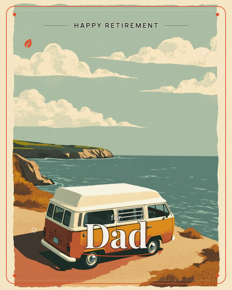 A retro camper van in mustard and cream is parked on a cliffside track above a calm, teal-blue sea, its rounded shape catching the afternoon light, a retirement e-card design