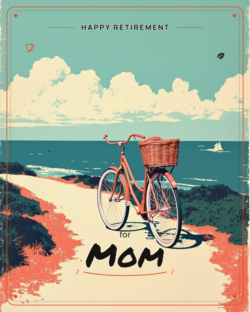 A coral-orange bicycle with a wicker basket stands parked on a sandy path winding through dunes toward the sea, a retirement e-card design