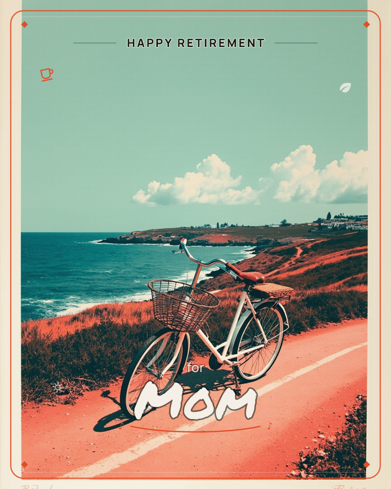 A white bicycle with a woven basket rests on its kickstand along a coastal path, the sea stretching out beyond rust-red cliffs and scrubby dunes, a retirement e-card design